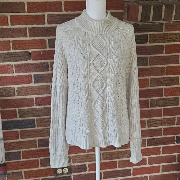 J. Crew Azra Pom-Pom Cableknit Sweater Gray Size Large - Picture 3 of 9